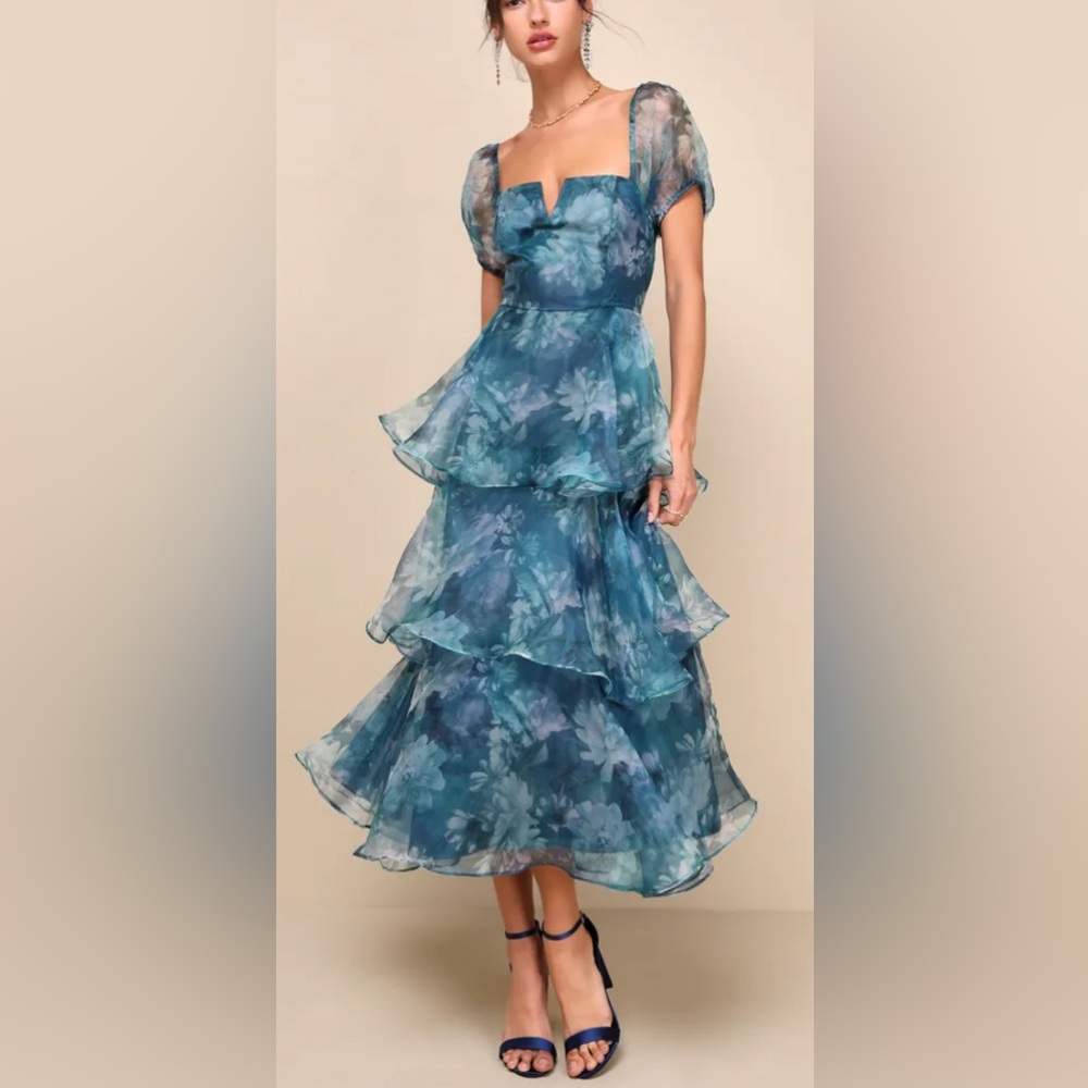 NWT Lulu's Darling Vision Teal Floral Puff Sleeved Tiered Midi Dress